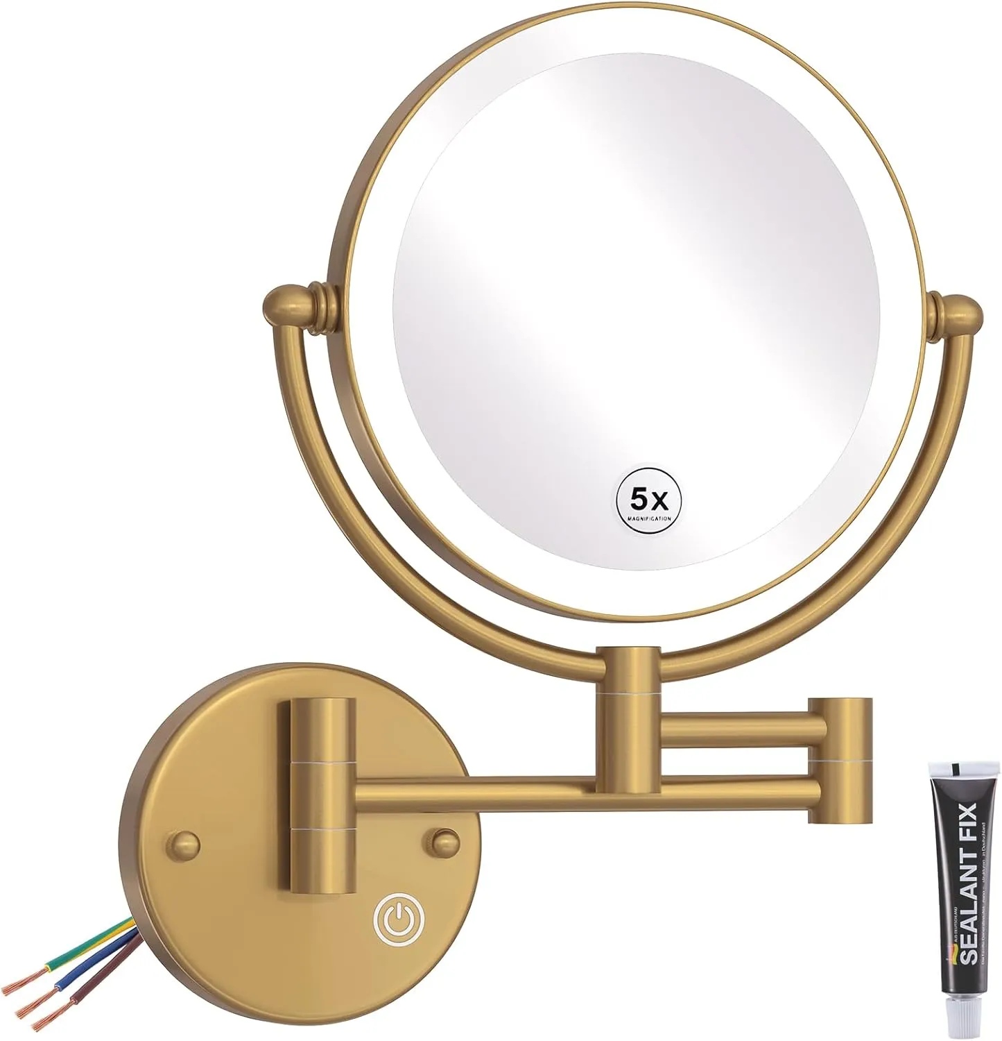 Hardwired Lighted Magnifying Makeup Mirror Wall Mount Gold, 1/5X Double Sided Vanity Mirror Bathroom, Touch Dimming, 360 Rotation Extension Arm Shaving Light up Mirror, Brushed Moderne Brass