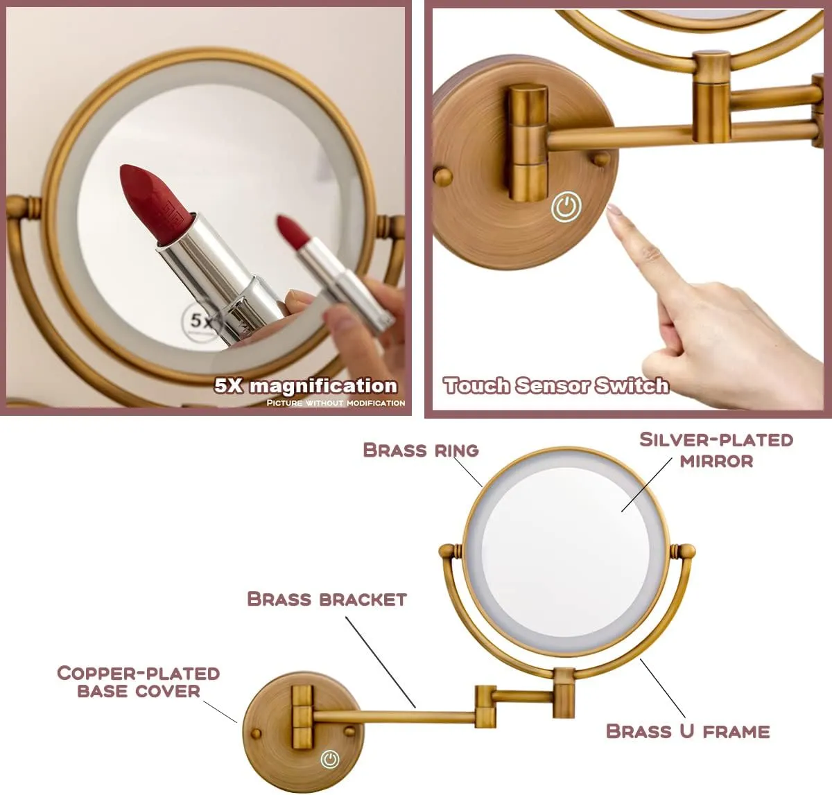 Hardwired Lighted Makeup Mirror Wall Mount, 1/5X Wall Magnifying Mirror for Bathroom Extendable Mirror with Light Attaches to Wall, Antique Brass