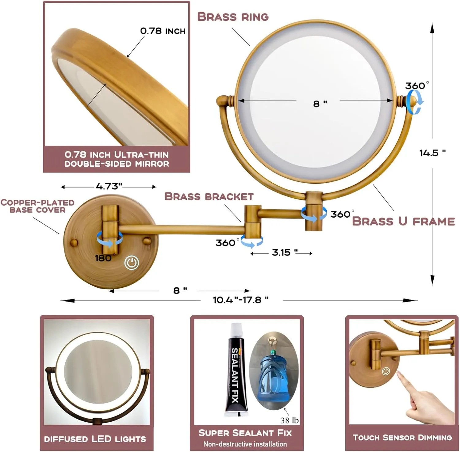 Hardwired Lighted Makeup Mirror Wall Mount, 1/5X Wall Magnifying Mirror for Bathroom Extendable Mirror with Light Attaches to Wall, Antique Brass