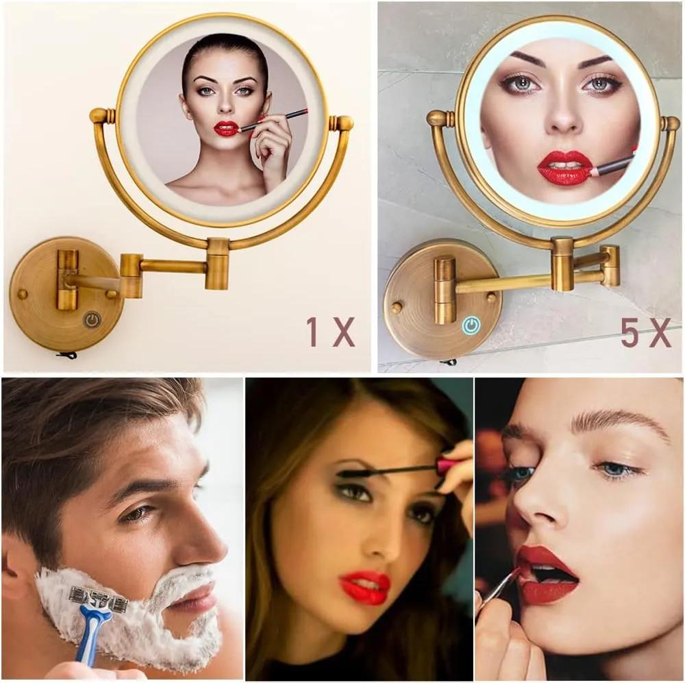 Hardwired Lighted Makeup Mirror Wall Mount, 1/5X Wall Magnifying Mirror for Bathroom Extendable Mirror with Light Attaches to Wall, Antique Brass