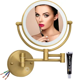 Hardwired Lighted Makeup Mirror Wall Mount, 1/5X Wall Magnifying Mirror for Bathroom Extendable Mirror with Light Attaches to Wall, Antique Brass