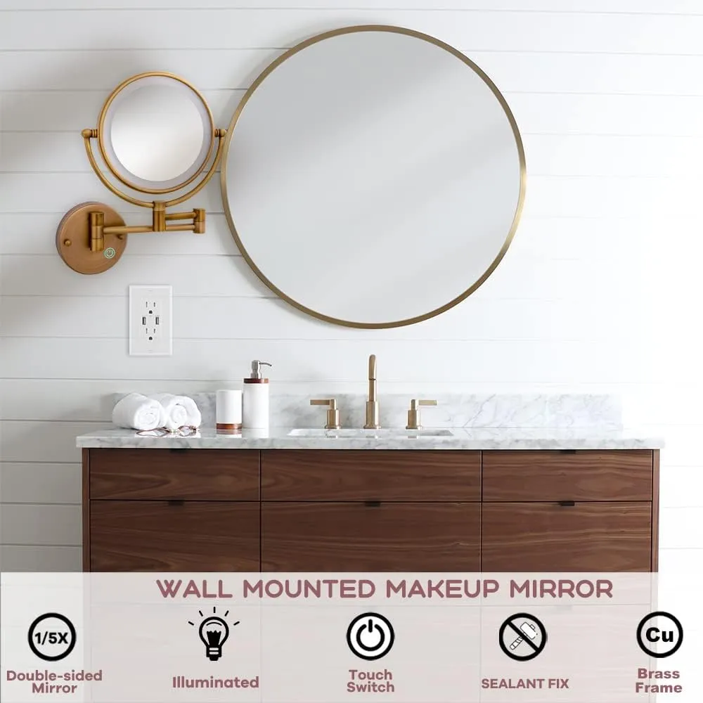 Hardwired Lighted Makeup Mirror Wall Mount, 1/5X Wall Magnifying Mirror for Bathroom Extendable Mirror with Light Attaches to Wall, Antique Brass