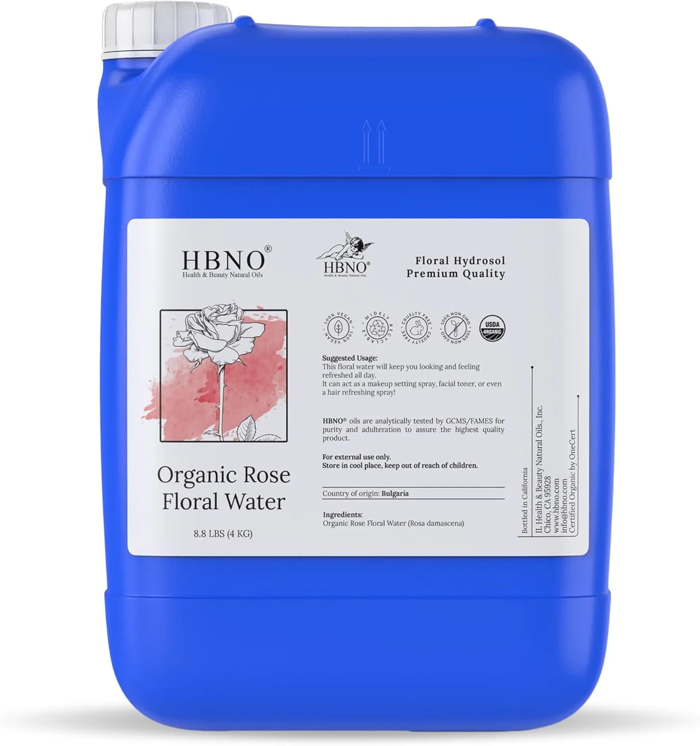 HBNO Organic Rosewater - 8.8 lbs (4kg) - Ideal for Face Mists, Room Sprays, Fragrances, Candles, Makeup Fixers, Face wash, Lotions, and Skin Care Products.