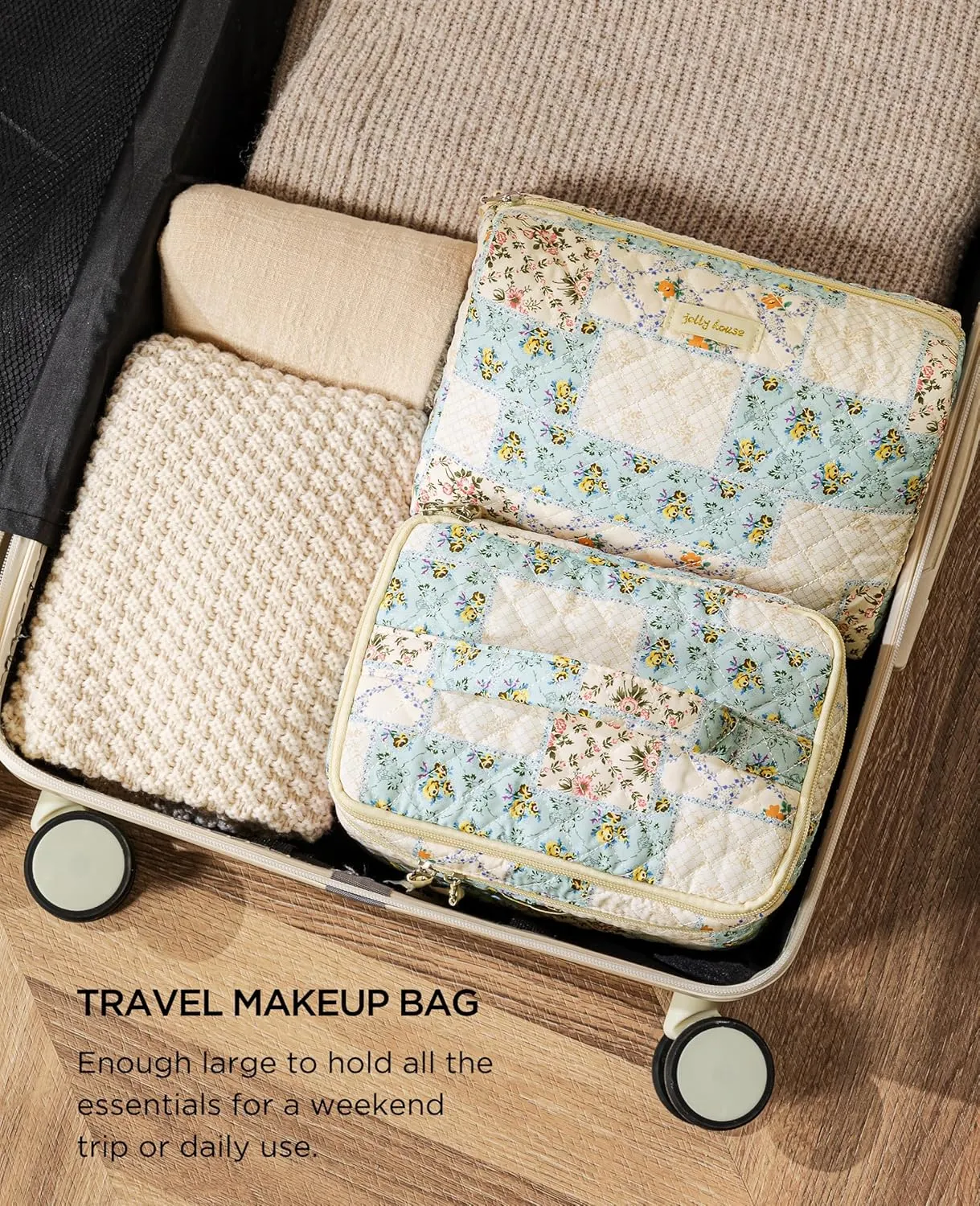 HBselect 2Pcs Double Layer Travel Coquette Quilted Makeup Bag - Aesthetic Cute Kawaii Cherry Toiletry Bags for Women Girls