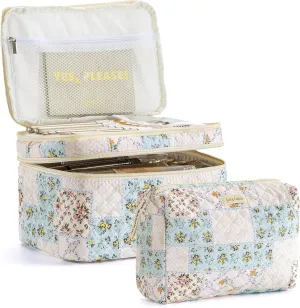 HBselect 2Pcs Double Layer Travel Coquette Quilted Makeup Bag - Aesthetic Cute Kawaii Cherry Toiletry Bags for Women Girls