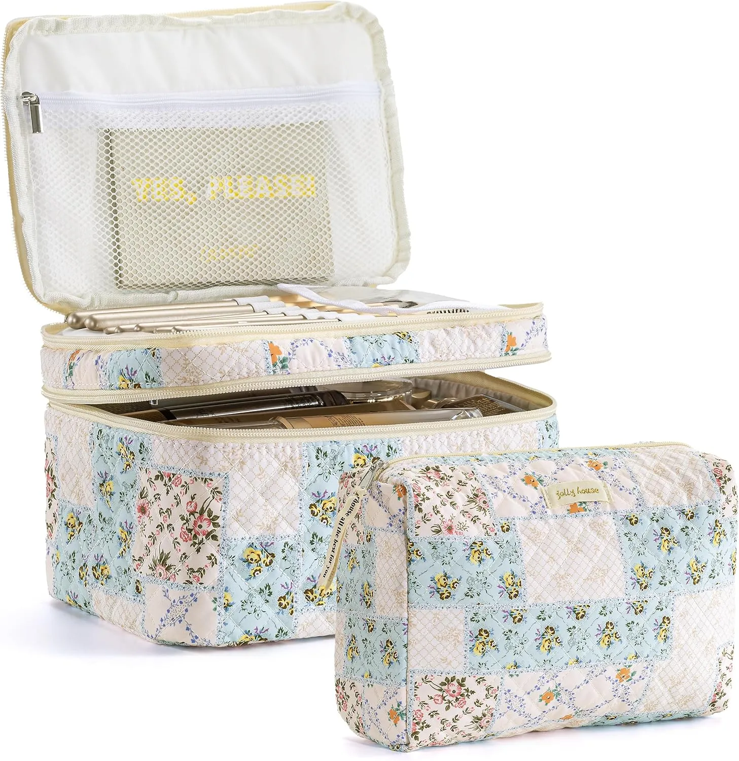 HBselect 2Pcs Double Layer Travel Coquette Quilted Makeup Bag - Aesthetic Cute Kawaii Cherry Toiletry Bags for Women Girls