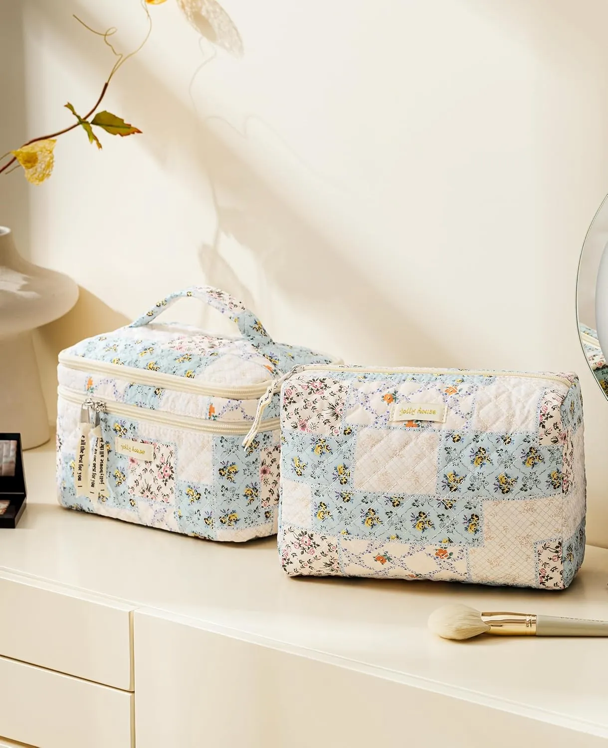 HBselect 2Pcs Double Layer Travel Coquette Quilted Makeup Bag - Aesthetic Cute Kawaii Cherry Toiletry Bags for Women Girls