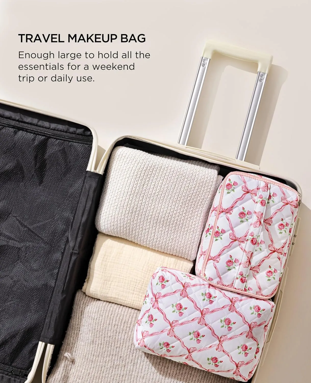 HBselect 2Pcs Double Layer Travel Makeup Bag Women, Cotton Quilted Makeup Bag Coquette Makeup Bags Large Travel Cosmetic Bag Aesthetic Cute Kawaii Cherry Make up Bag Toiletry Bags for Women Girls