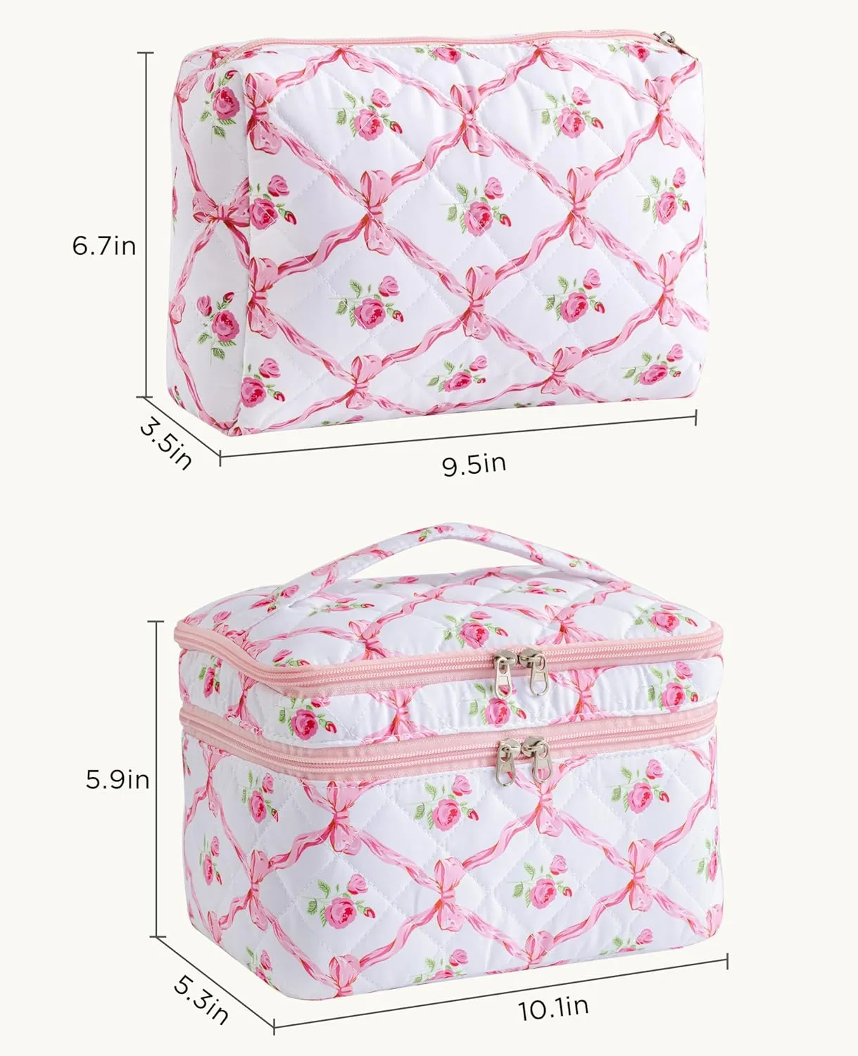 HBselect 2Pcs Double Layer Travel Makeup Bag Women, Cotton Quilted Makeup Bag Coquette Makeup Bags Large Travel Cosmetic Bag Aesthetic Cute Kawaii Cherry Make up Bag Toiletry Bags for Women Girls