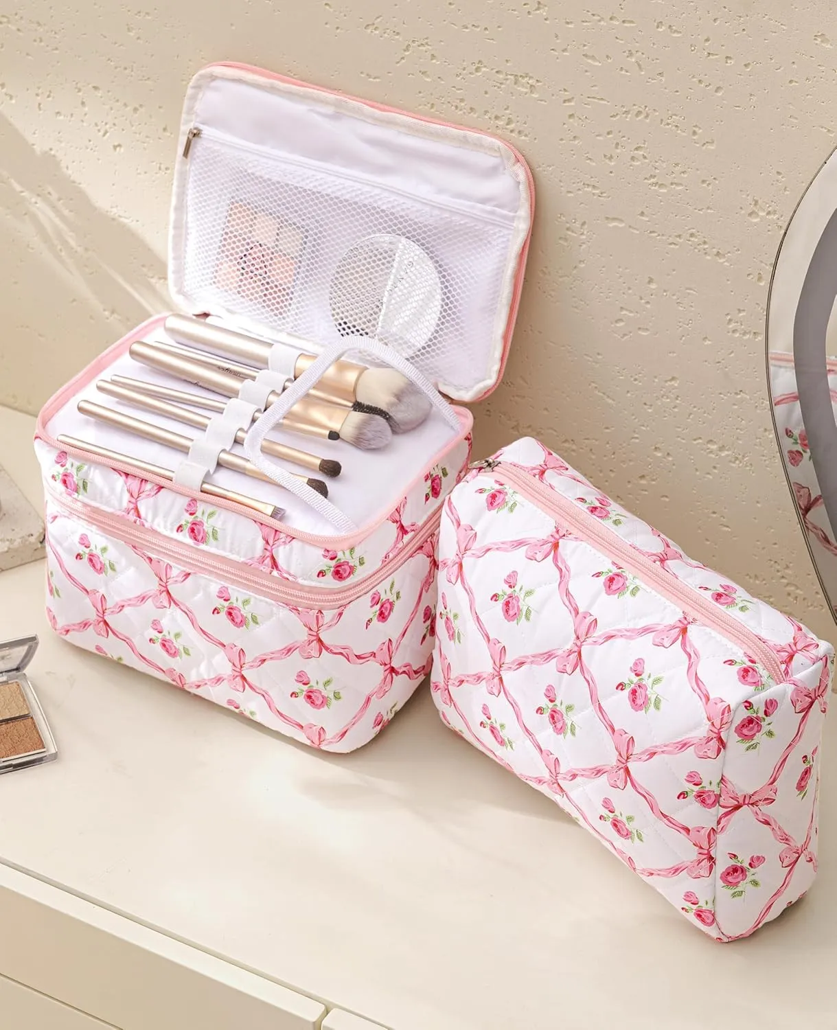 HBselect 2Pcs Double Layer Travel Makeup Bag Women, Cotton Quilted Makeup Bag Coquette Makeup Bags Large Travel Cosmetic Bag Aesthetic Cute Kawaii Cherry Make up Bag Toiletry Bags for Women Girls
