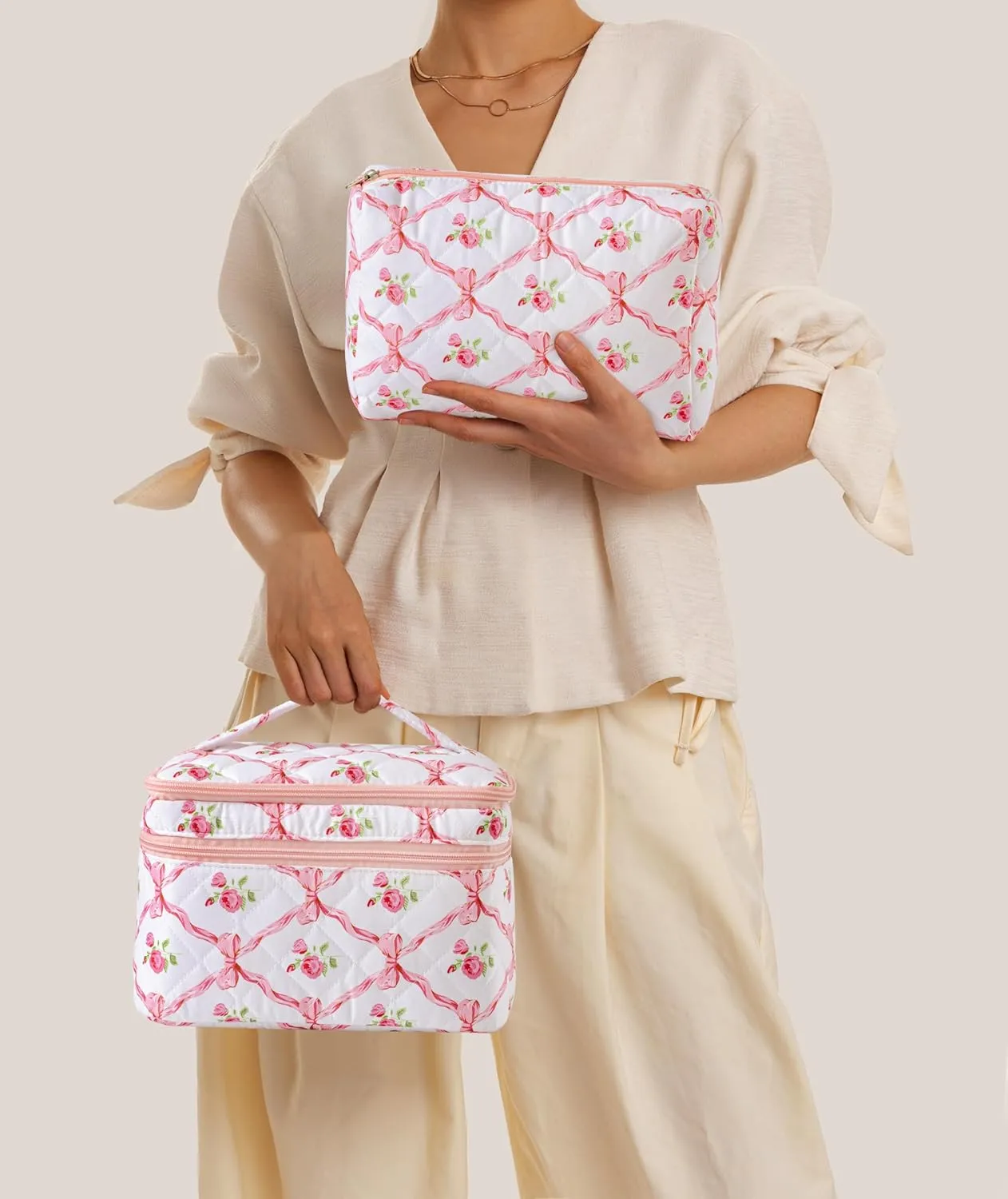 HBselect 2Pcs Double Layer Travel Makeup Bag Women, Cotton Quilted Makeup Bag Coquette Makeup Bags Large Travel Cosmetic Bag Aesthetic Cute Kawaii Cherry Make up Bag Toiletry Bags for Women Girls