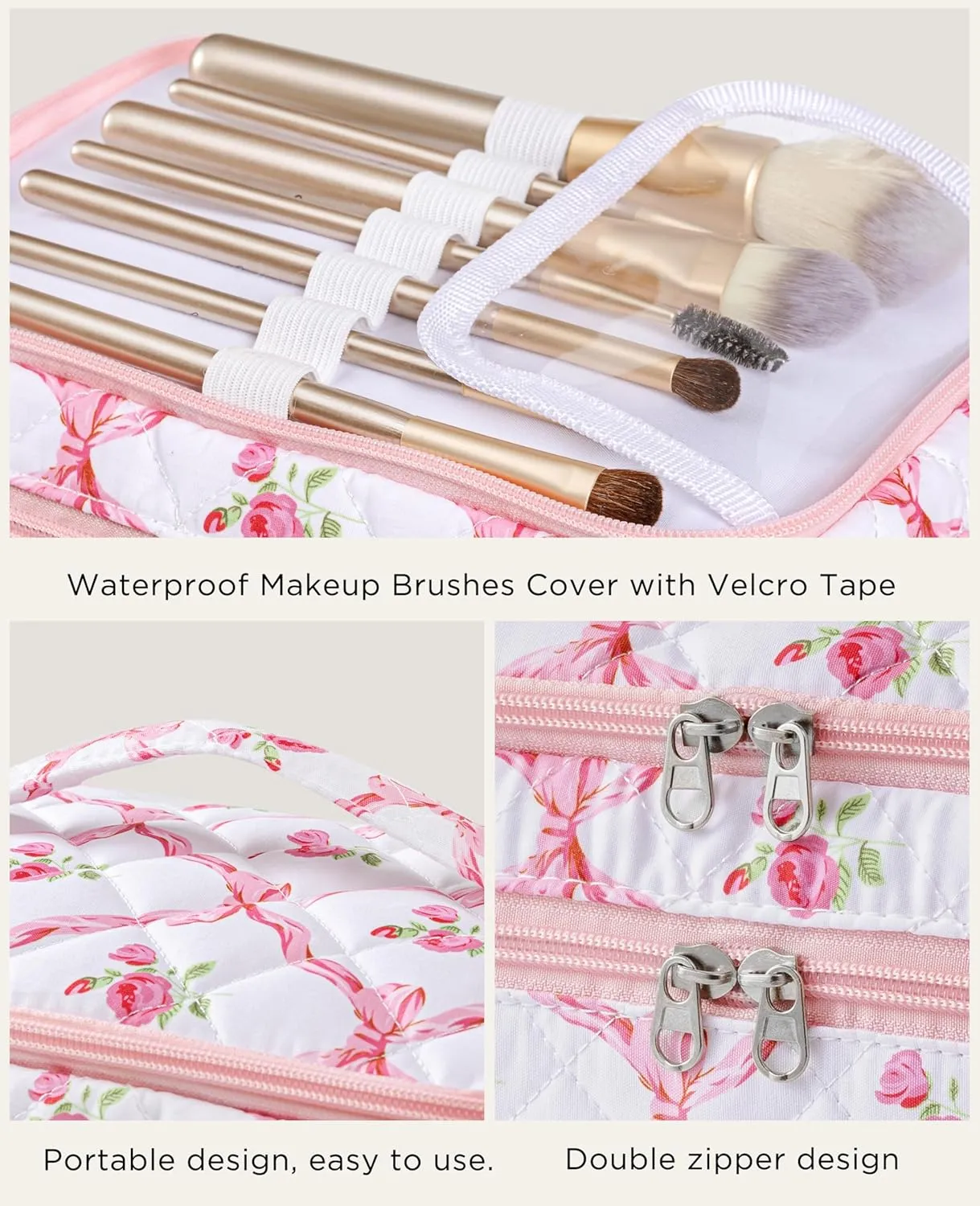 HBselect 2Pcs Double Layer Travel Makeup Bag Women, Cotton Quilted Makeup Bag Coquette Makeup Bags Large Travel Cosmetic Bag Aesthetic Cute Kawaii Cherry Make up Bag Toiletry Bags for Women Girls