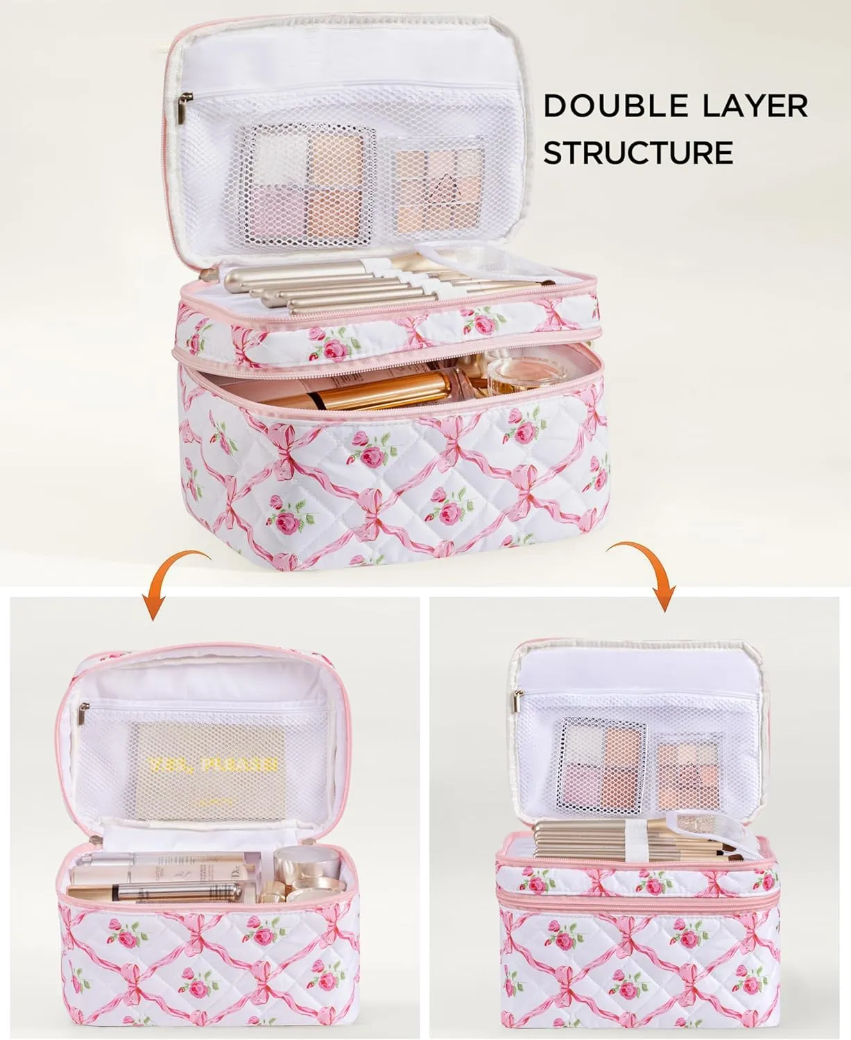 HBselect 2Pcs Double Layer Travel Makeup Bag Women, Cotton Quilted Makeup Bag Coquette Makeup Bags Large Travel Cosmetic Bag Aesthetic Cute Kawaii Cherry Make up Bag Toiletry Bags for Women Girls