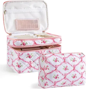 HBselect 2Pcs Double Layer Travel Makeup Bag Women, Cotton Quilted Makeup Bag Coquette Makeup Bags Large Travel Cosmetic Bag Aesthetic Cute Kawaii Cherry Make up Bag Toiletry Bags for Women Girls