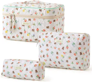 HBselect Quilted Makeup Bag, 3PCS Cotton Large Travel Makeup Bag, Cute Floral Coquette Make up Bag Cosmetic Bag Toiletry Bag for Women Girls