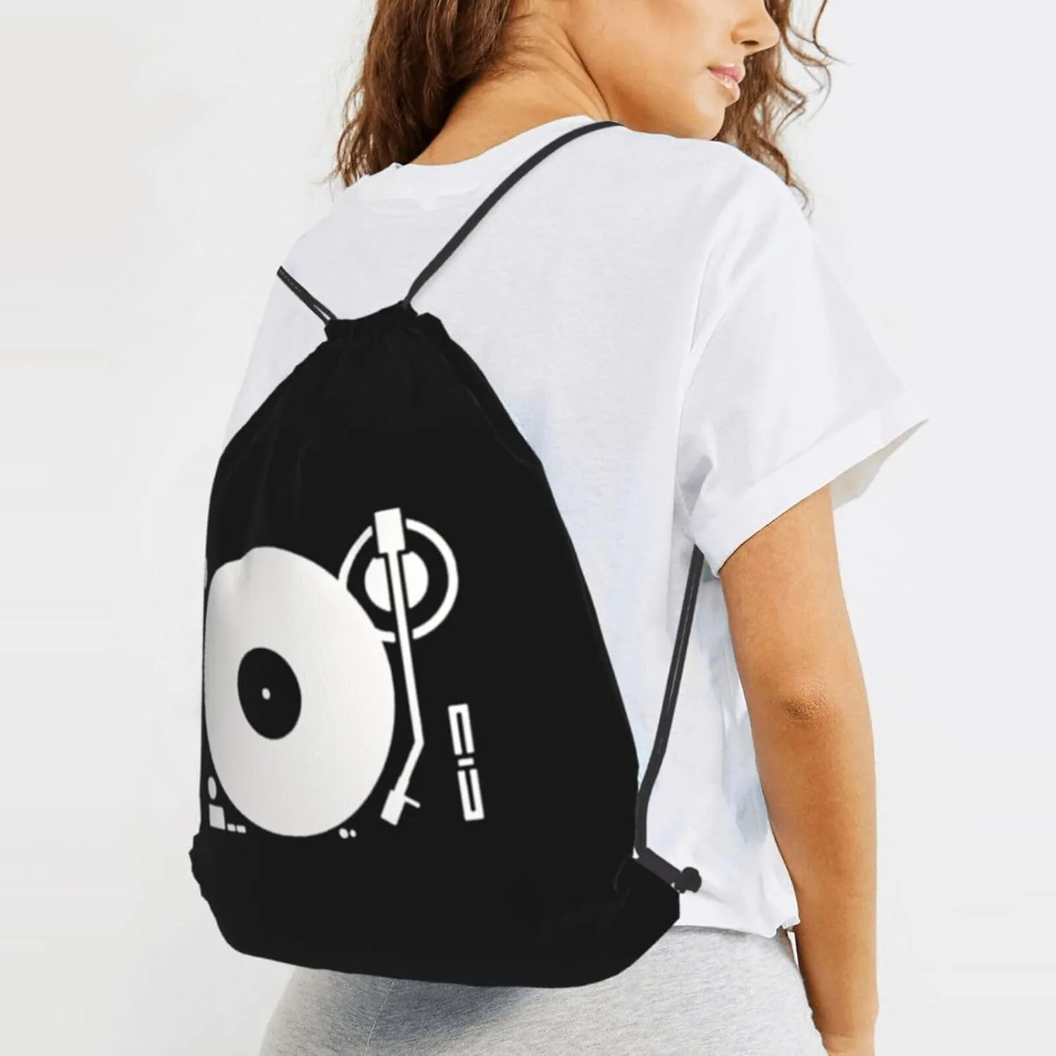 Headphones Record Disc Platter Disk Dj Play Vinyl Drawstring Backpack Bag Sport Gym Sackpack for Men Women (Black)