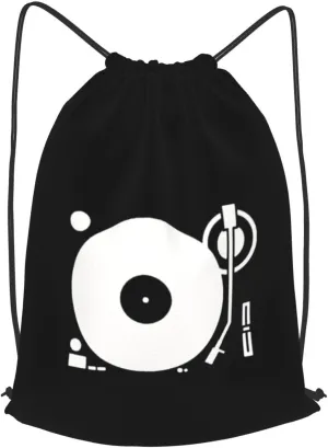 Headphones Record Disc Platter Disk Dj Play Vinyl Drawstring Backpack Bag Sport Gym Sackpack for Men Women (Black)