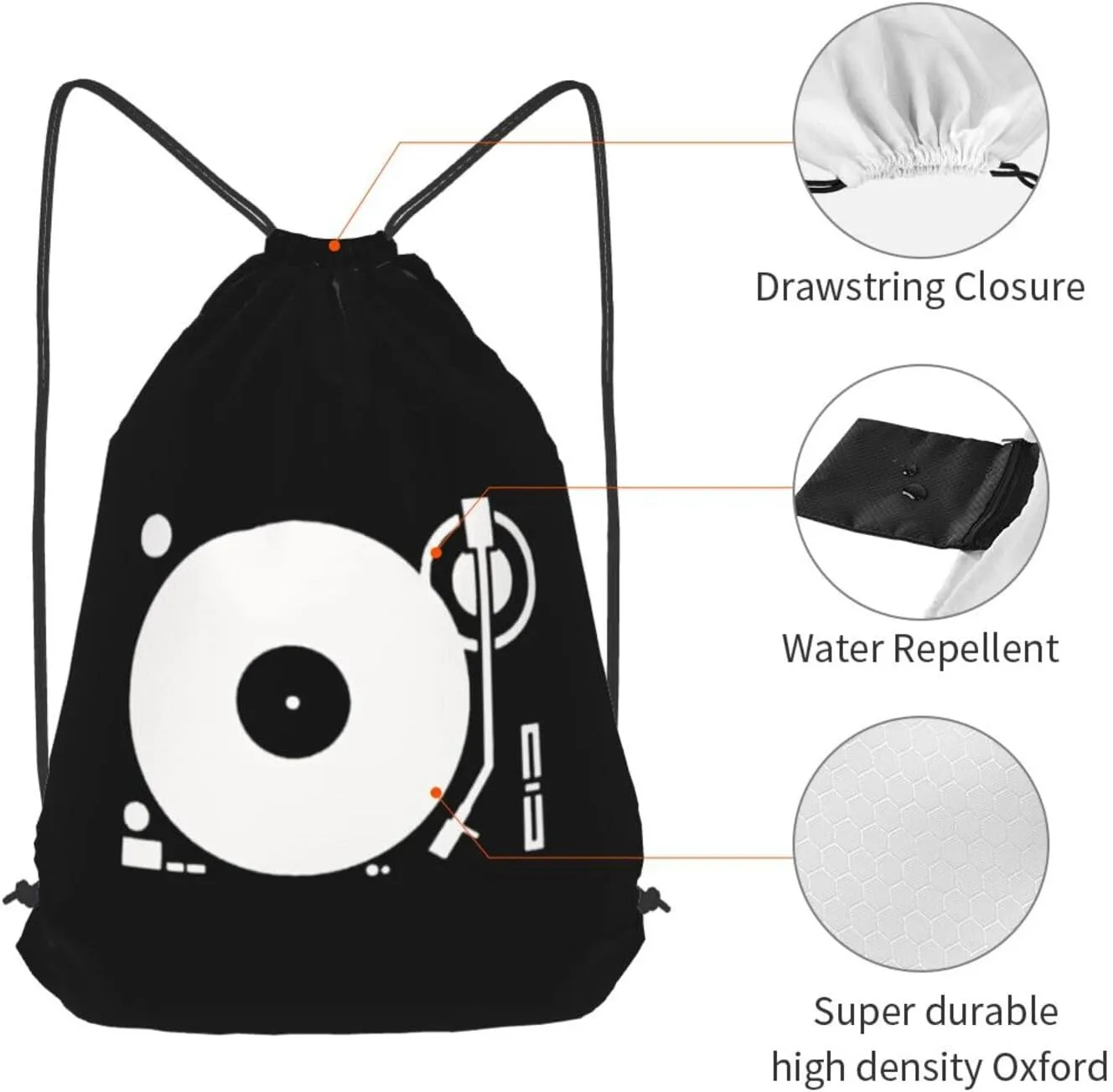 Headphones Record Disc Platter Disk Dj Play Vinyl Drawstring Backpack Bag Sport Gym Sackpack for Men Women (Black)