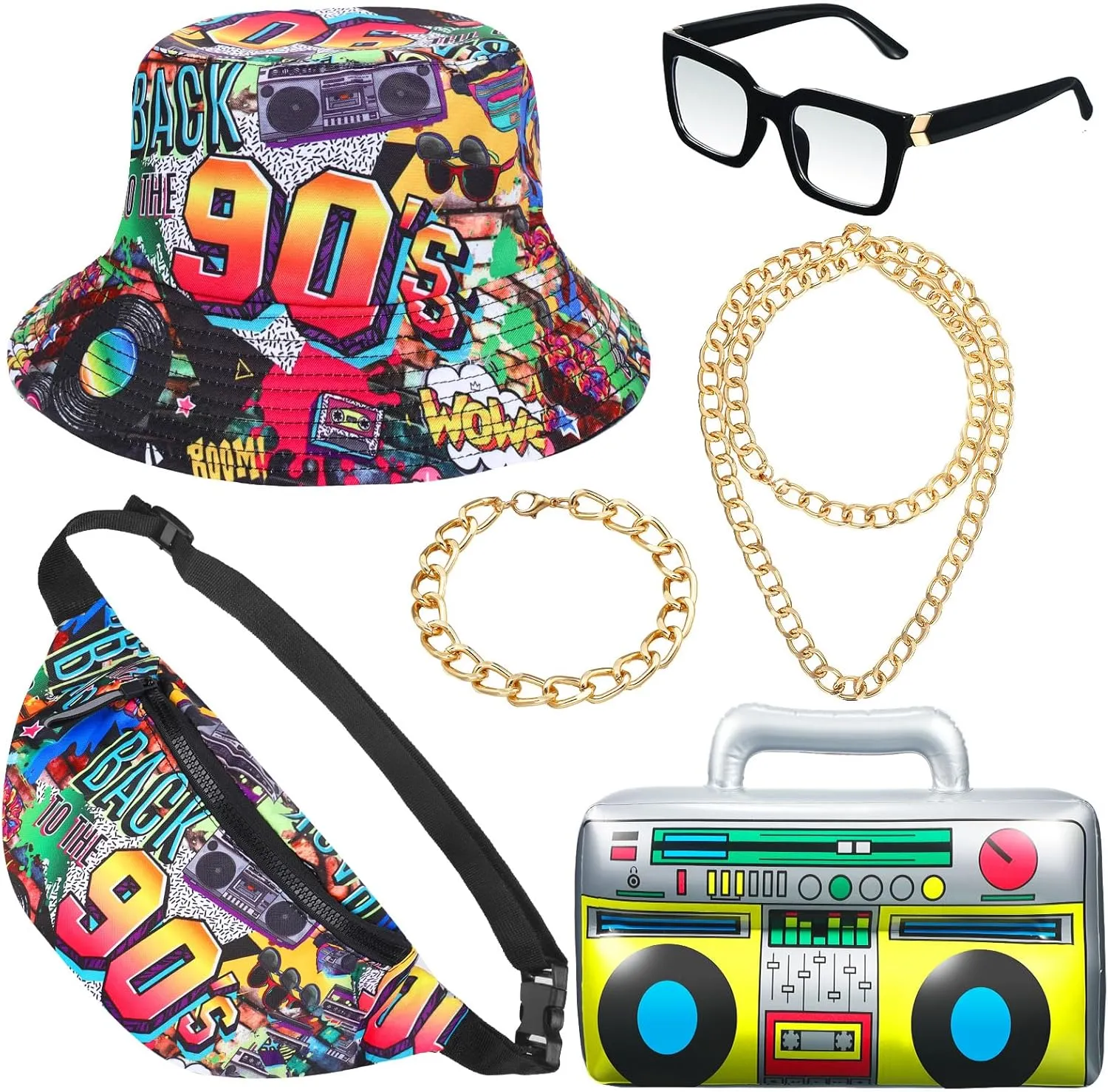 Hicarer 6 Pieces Hip Hop Costumes 80s/90s Outfits Accessories for Women Men Rapper DJ Costume Halloween Cosplay