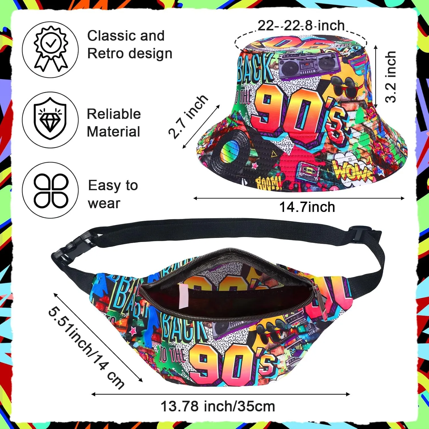 Hicarer 6 Pieces Hip Hop Costumes 80s/90s Outfits Accessories for Women Men Rapper DJ Costume Halloween Cosplay