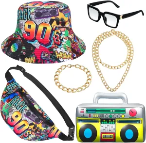 Hicarer 6 Pieces Hip Hop Costumes 80s/90s Outfits Accessories for Women Men Rapper DJ Costume Halloween Cosplay