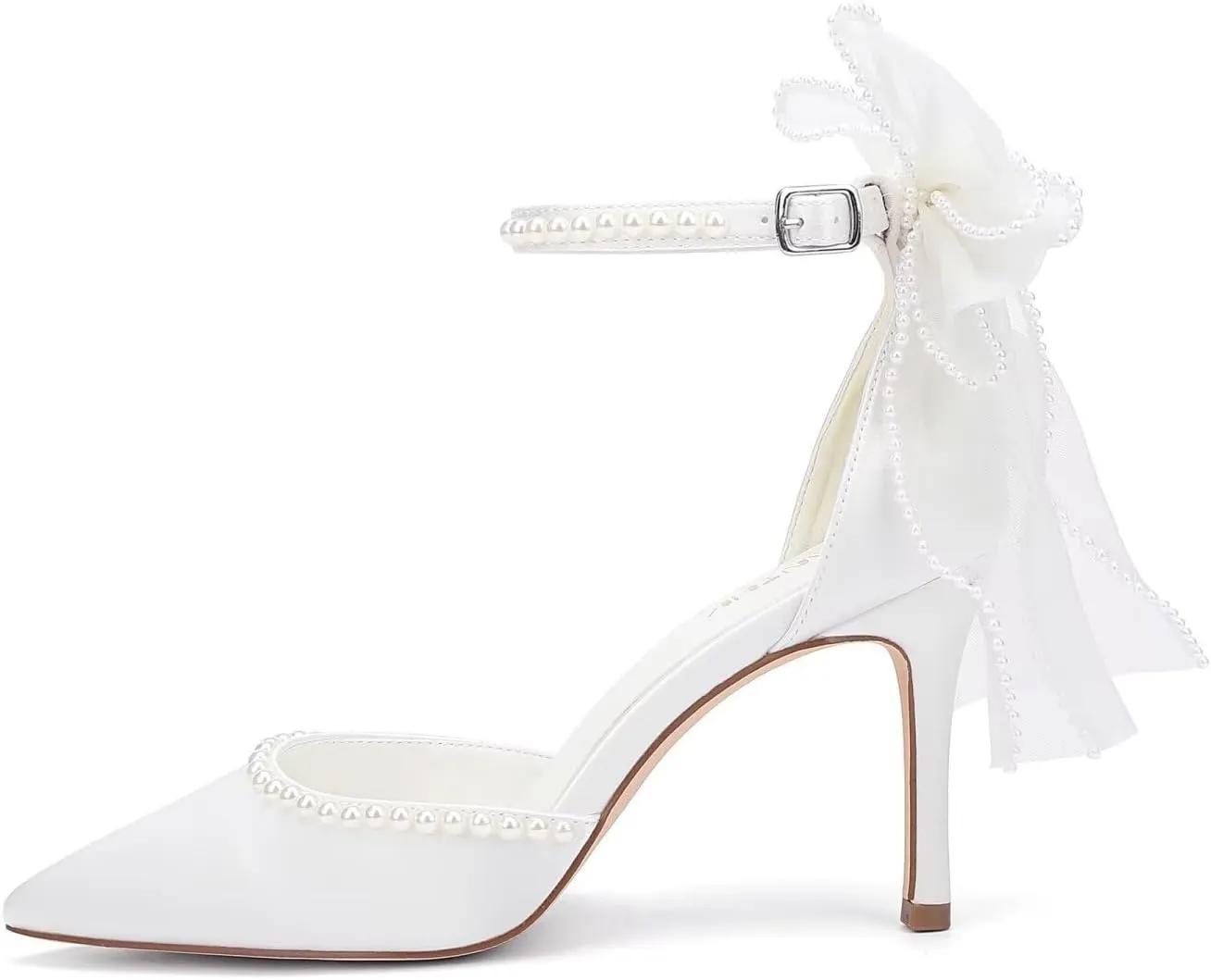 High Heel Wedding Shoes for Bride Pointed Toe Bridal Shoes Pearl Heels Bow Tie Back Wedding Heels