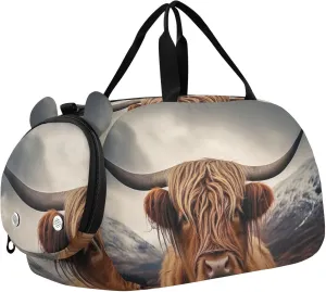 Highland Cow Duffle Bag for Girl, Sports Duffle Gym Bags with Shoe Compartment, Personalized Overnight Bag Travel Weekender for Kids