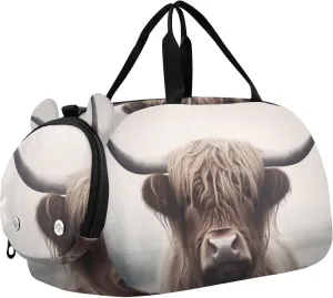 Highland Cow Duffle Bag for Girl, Sports Duffle Gym Bags with Shoe Compartment, Personalized Overnight Bag Travel Weekender for Kids