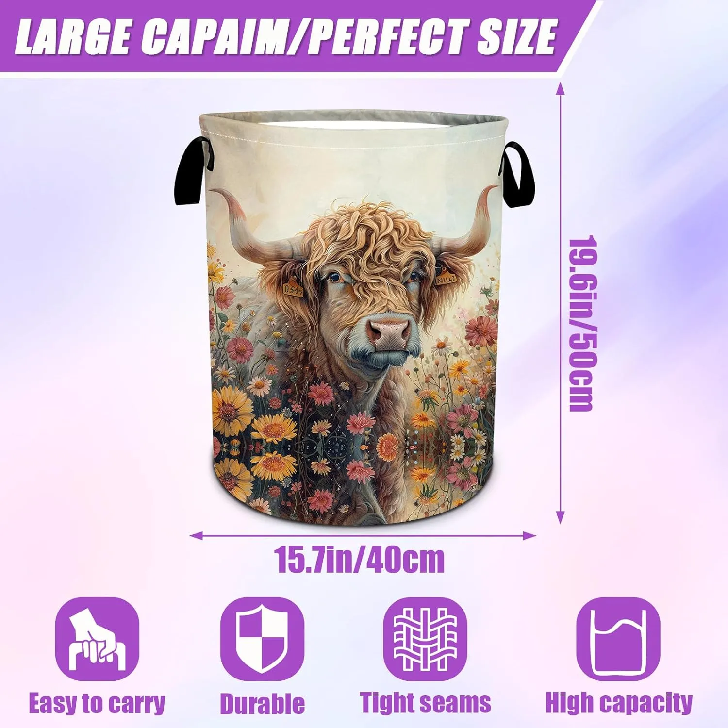 Highland Cow Laundry Basket Foldable Flower Floral laundry Hamper Tote Bag Storage Bucket Toy Organizer For Bathroom/Laundry/Bedroom（19.6x15.7inch）
