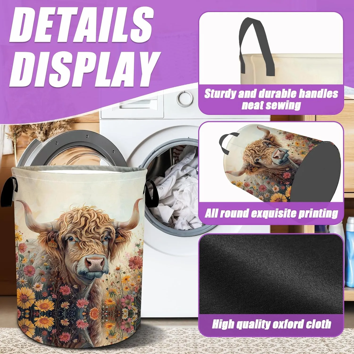 Highland Cow Laundry Basket Foldable Flower Floral laundry Hamper Tote Bag Storage Bucket Toy Organizer For Bathroom/Laundry/Bedroom（19.6x15.7inch）
