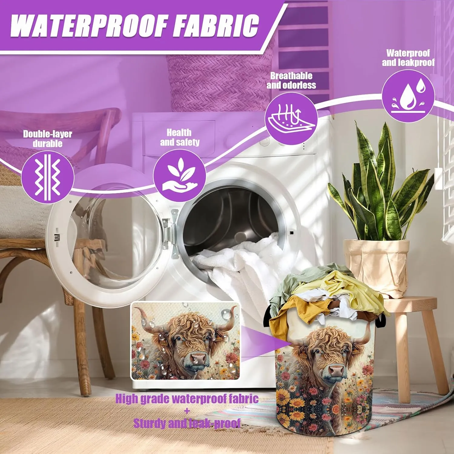 Highland Cow Laundry Basket Foldable Flower Floral laundry Hamper Tote Bag Storage Bucket Toy Organizer For Bathroom/Laundry/Bedroom（19.6x15.7inch）