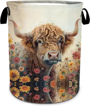 Highland Cow Laundry Basket Foldable Flower Floral laundry Hamper Tote Bag Storage Bucket Toy Organizer For Bathroom/Laundry/Bedroom（19.6x15.7inch）
