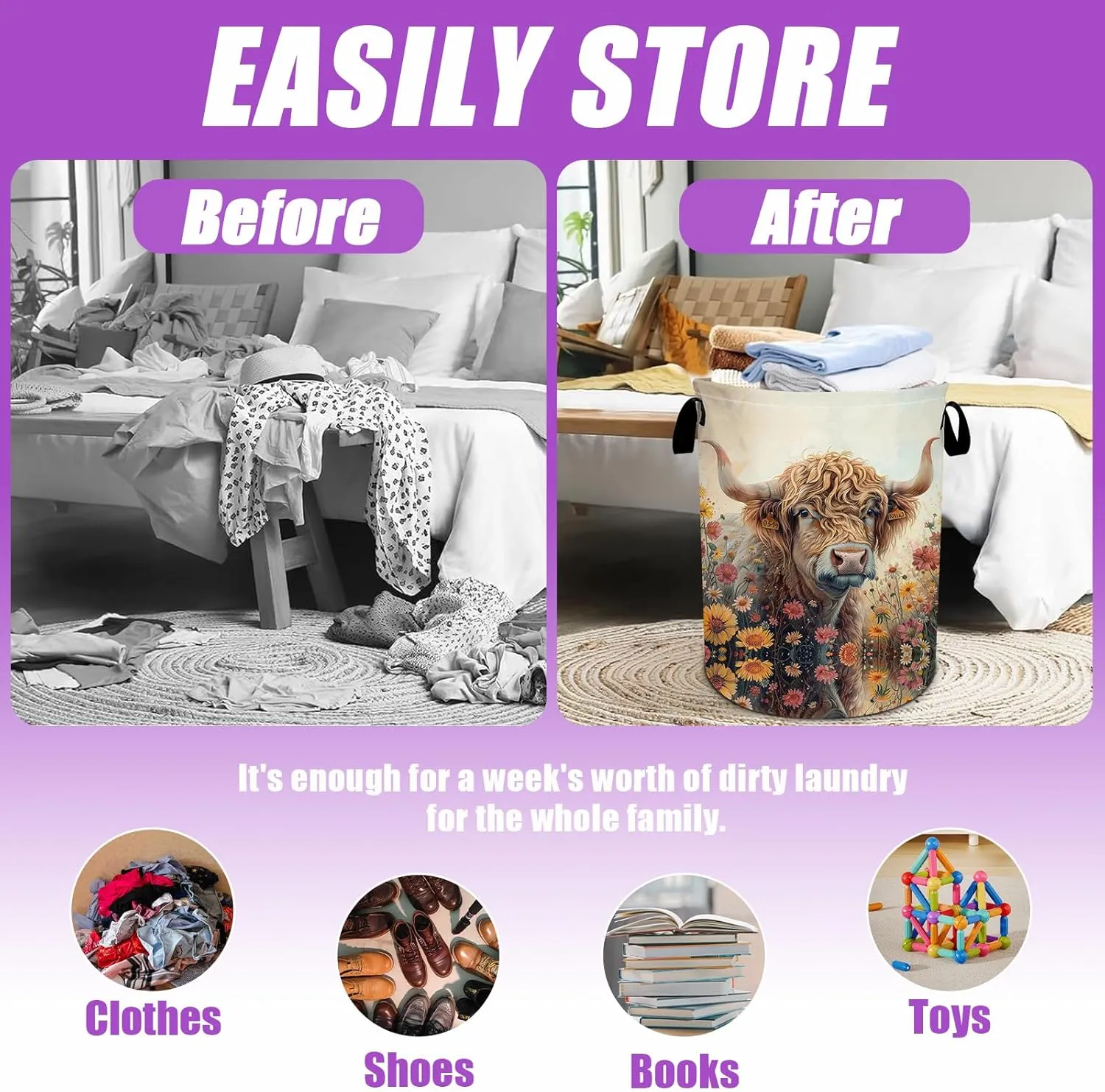 Highland Cow Laundry Basket Foldable Flower Floral laundry Hamper Tote Bag Storage Bucket Toy Organizer For Bathroom/Laundry/Bedroom（19.6x15.7inch）