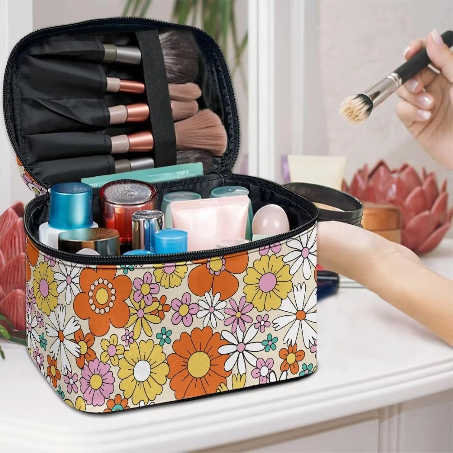 Hippie Flower Makeup bag with Handle Floral Print Small Makeup Case for Purse Travel Cosmetic Bags for Women Small Zip Makeup Pouch for Purse Storage Case for Travel & Daily Use