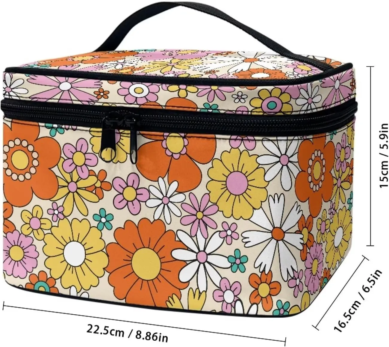 Hippie Flower Makeup bag with Handle Floral Print Small Makeup Case for Purse Travel Cosmetic Bags for Women Small Zip Makeup Pouch for Purse Storage Case for Travel & Daily Use