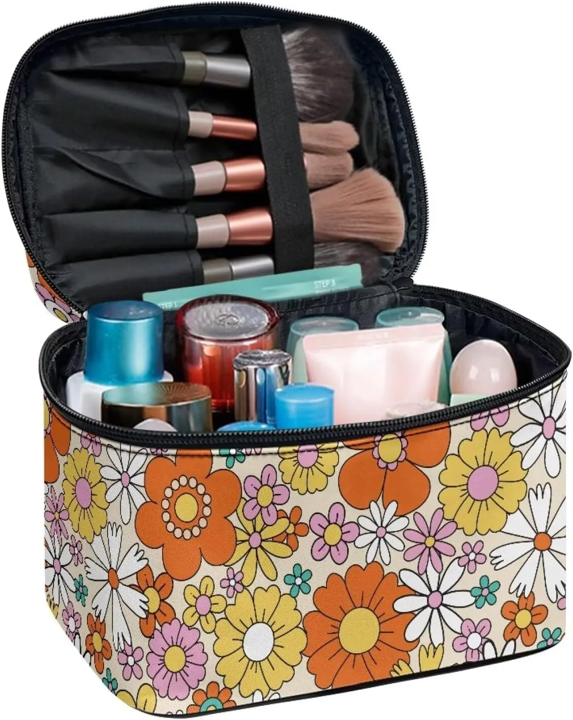 Hippie Flower Makeup bag with Handle Floral Print Small Makeup Case for Purse Travel Cosmetic Bags for Women Small Zip Makeup Pouch for Purse Storage Case for Travel & Daily Use