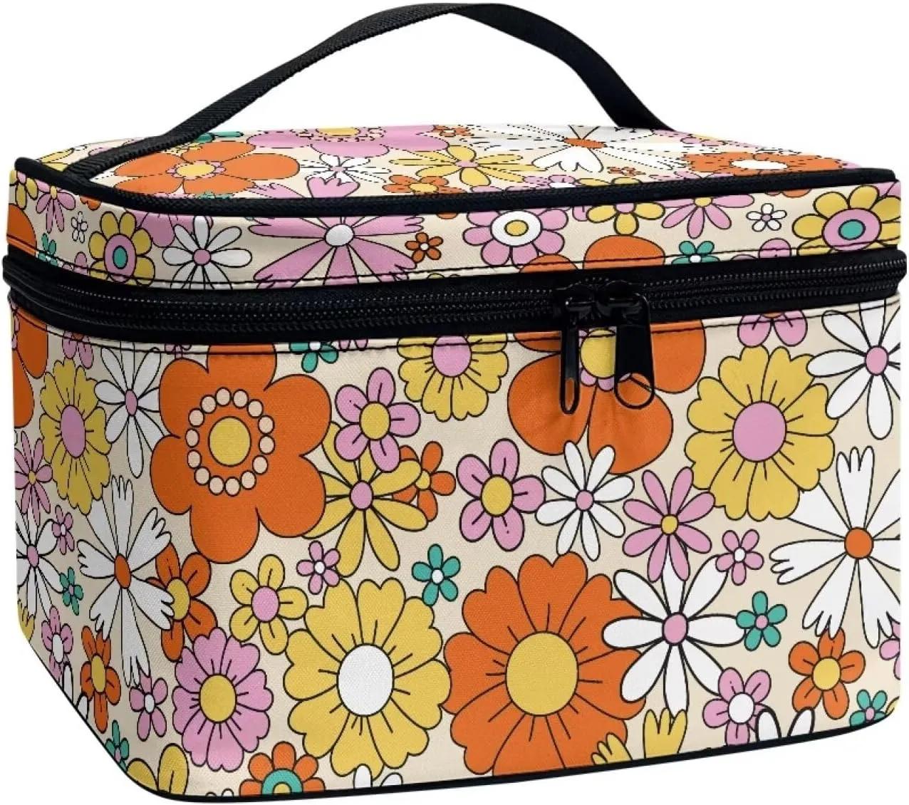Hippie Flower Makeup bag with Handle Floral Print Small Makeup Case for Purse Travel Cosmetic Bags for Women Small Zip Makeup Pouch for Purse Storage Case for Travel & Daily Use