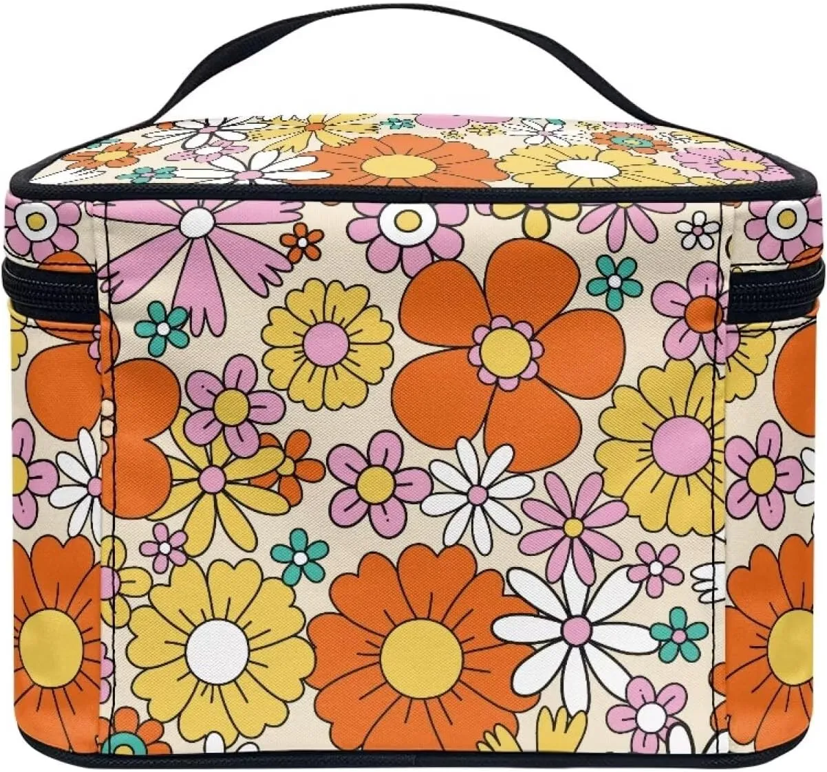 Hippie Flower Makeup bag with Handle Floral Print Small Makeup Case for Purse Travel Cosmetic Bags for Women Small Zip Makeup Pouch for Purse Storage Case for Travel & Daily Use