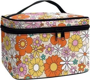 Hippie Flower Makeup bag with Handle Floral Print Small Makeup Case for Purse Travel Cosmetic Bags for Women Small Zip Makeup Pouch for Purse Storage Case for Travel & Daily Use