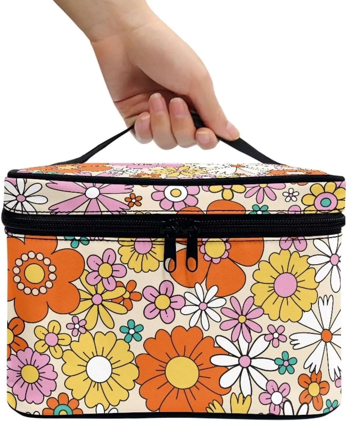 Hippie Flower Makeup bag with Handle Floral Print Small Makeup Case for Purse Travel Cosmetic Bags for Women Small Zip Makeup Pouch for Purse Storage Case for Travel & Daily Use