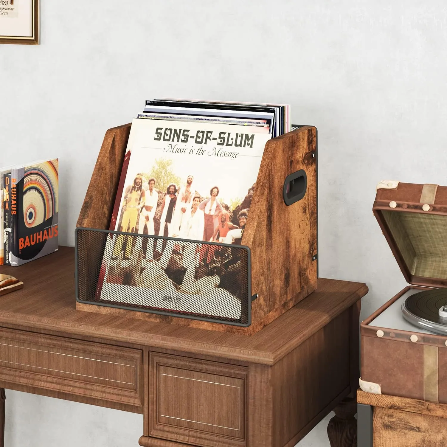 Homeiju 2 Pack Vinyl Storage, Record Crates, Metal & Wooden LP Crate