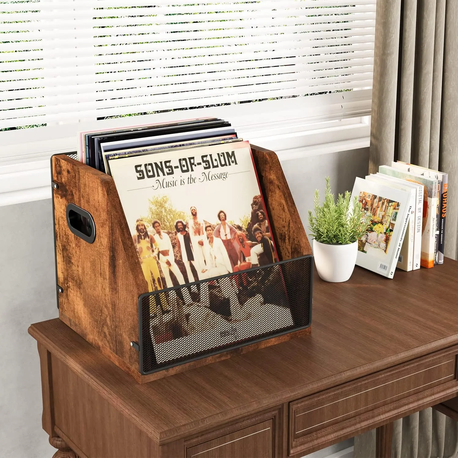 Homeiju 2 Pack Vinyl Storage, Record Crates, Metal & Wooden LP Crate