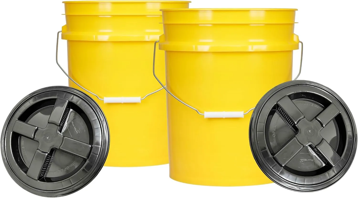 House Naturals 5 Gal Food Grade BPA Free Made in USA Yellow Plastic Buckets Premium 90 mil pails with Gasket Screw On Lids - Pack of 2 (Black lids)