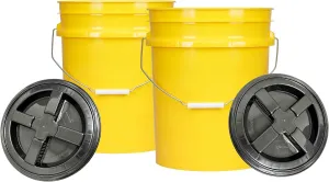 House Naturals 5 Gal Food Grade BPA Free Made in USA Yellow Plastic Buckets Premium 90 mil pails with Gasket Screw On Lids - Pack of 2 (Black lids)