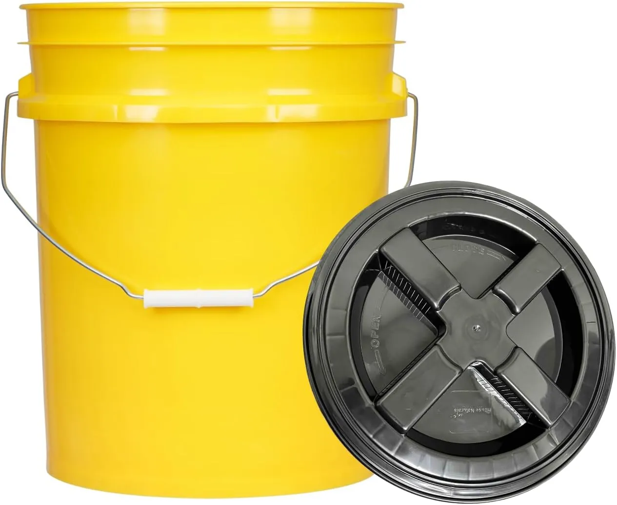 House Naturals 5 Gal Food Grade BPA Free Made in USA Yellow Plastic Buckets Premium 90 mil pails with Gasket Screw On Lids - Pack of 2 (Black lids)