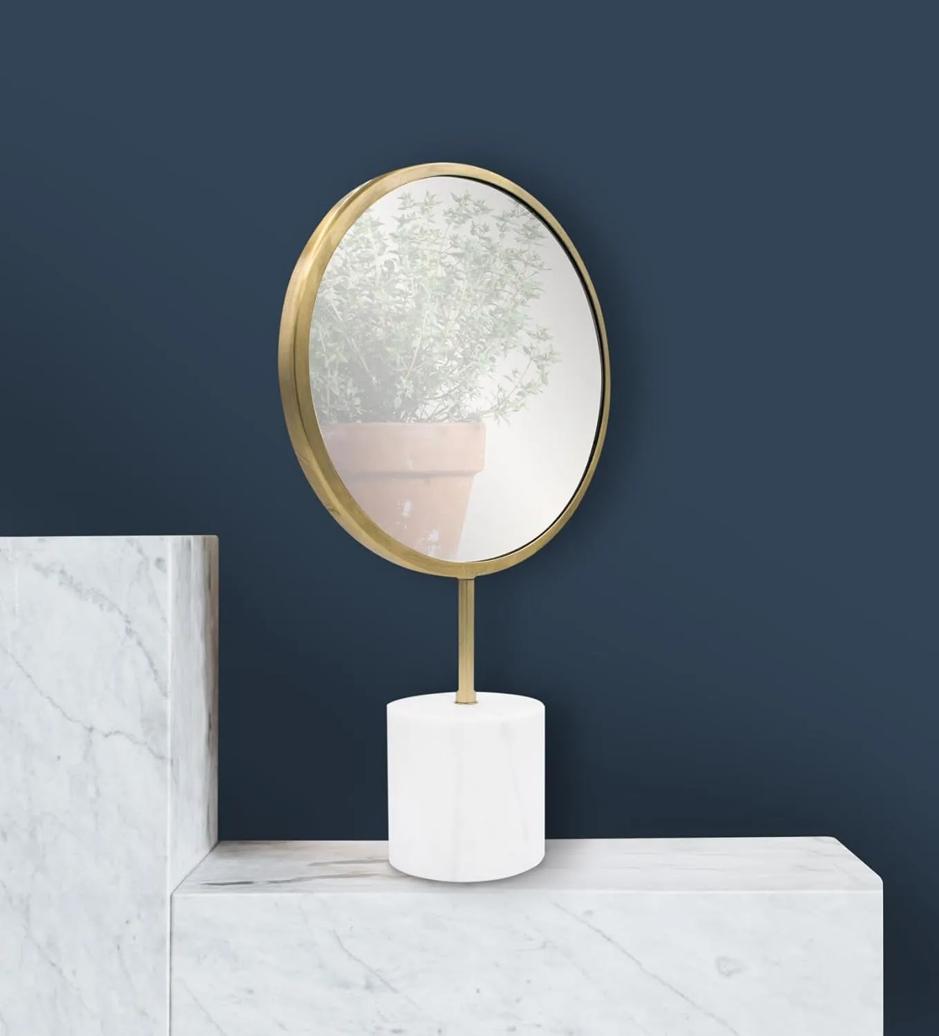 Howard Elliot Bogna Round Table Top Mirror with Stand, Table Desk Vanity Makeup Mirror with Stainless Steel Antique Brass Frame & White Marble Base, Modern Accent Mirror, Gold, 17 x 10.5 Inches