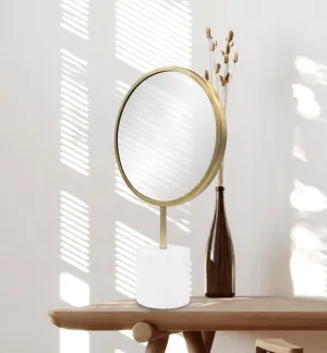 Howard Elliot Bogna Round Table Top Mirror with Stand, Table Desk Vanity Makeup Mirror with Stainless Steel Antique Brass Frame & White Marble Base, Modern Accent Mirror, Gold, 17 x 10.5 Inches