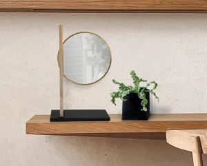 Howard Elliot Skoda Round Table Top Mirror with Stand, Table Desk Vanity Makeup Mirror with Stainless Steel Brushed Brass Frame & Mango Wood Base, Modern Accent Mirror Decor, Brass, 28.5 x 18 Inch