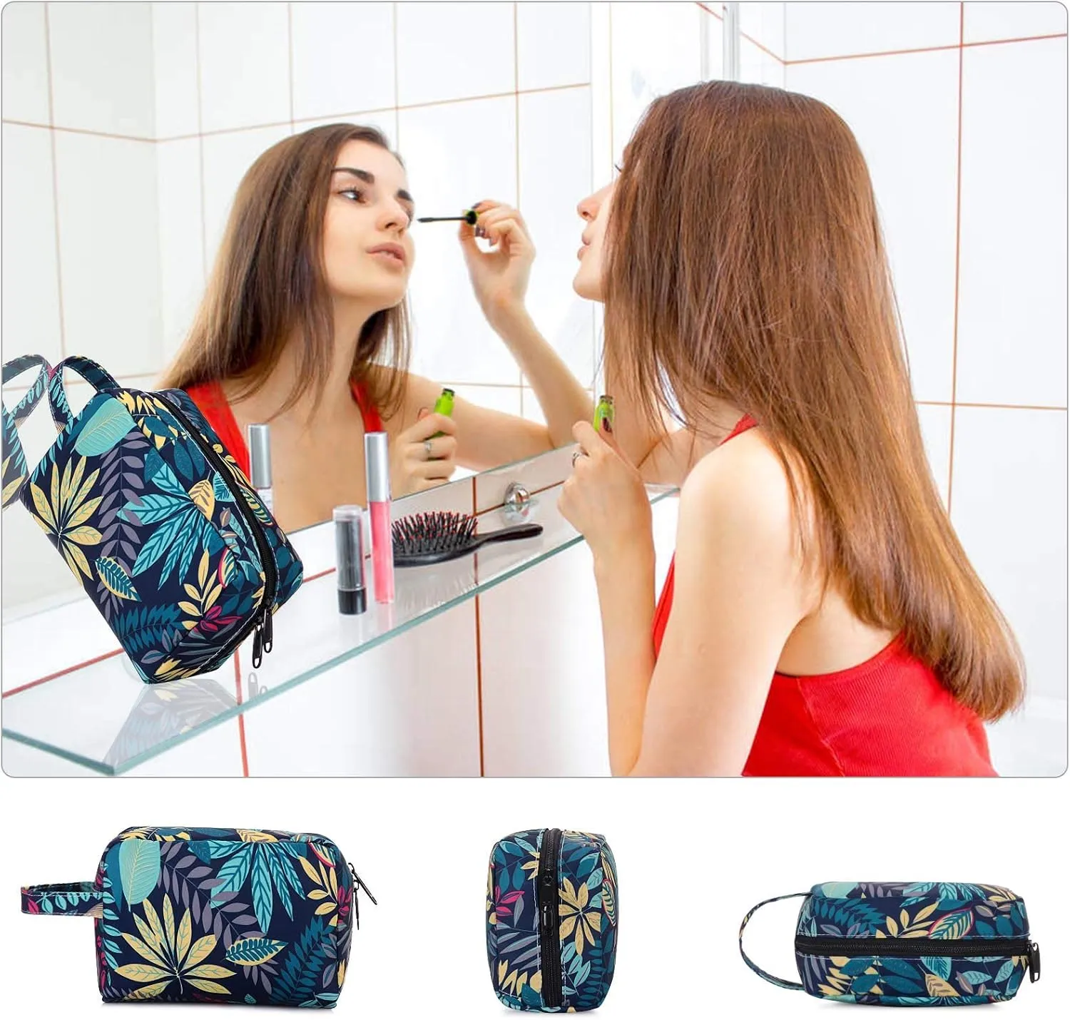 HUA ANEGL Floral Cosmetic Bag - Travel Toiletry Cosmetic Bags for Women Zipper Makeup Pouch Purse Cosmetic Bag Organizer Case