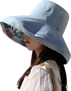 HUAMULAN Women Wide Brim Summer Sun Hat Wired Edge Beach Bucket Fishing Hats Reversible Foldable Travel UV Protection